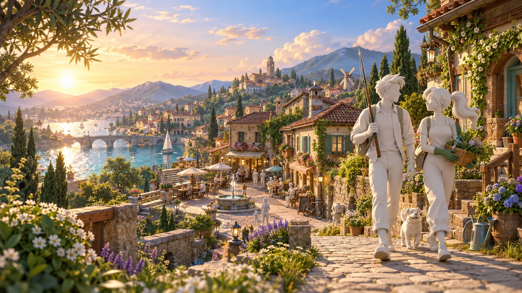 Arte de presentación de Vivetown: una ciudad junto al agua, con vecinos, jardines y dos personajes con su perro